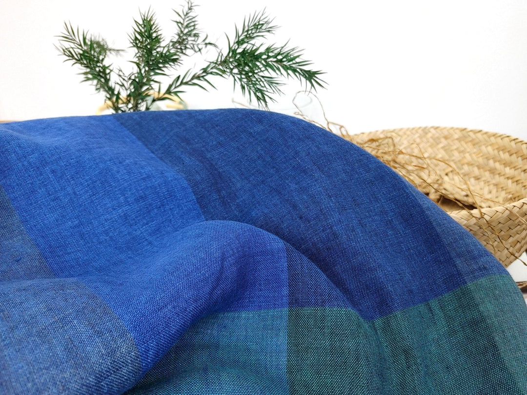 100% Linen Blue and Green Big Plaid Fabric Light Weight 6921 - The Linen Lab - Blue