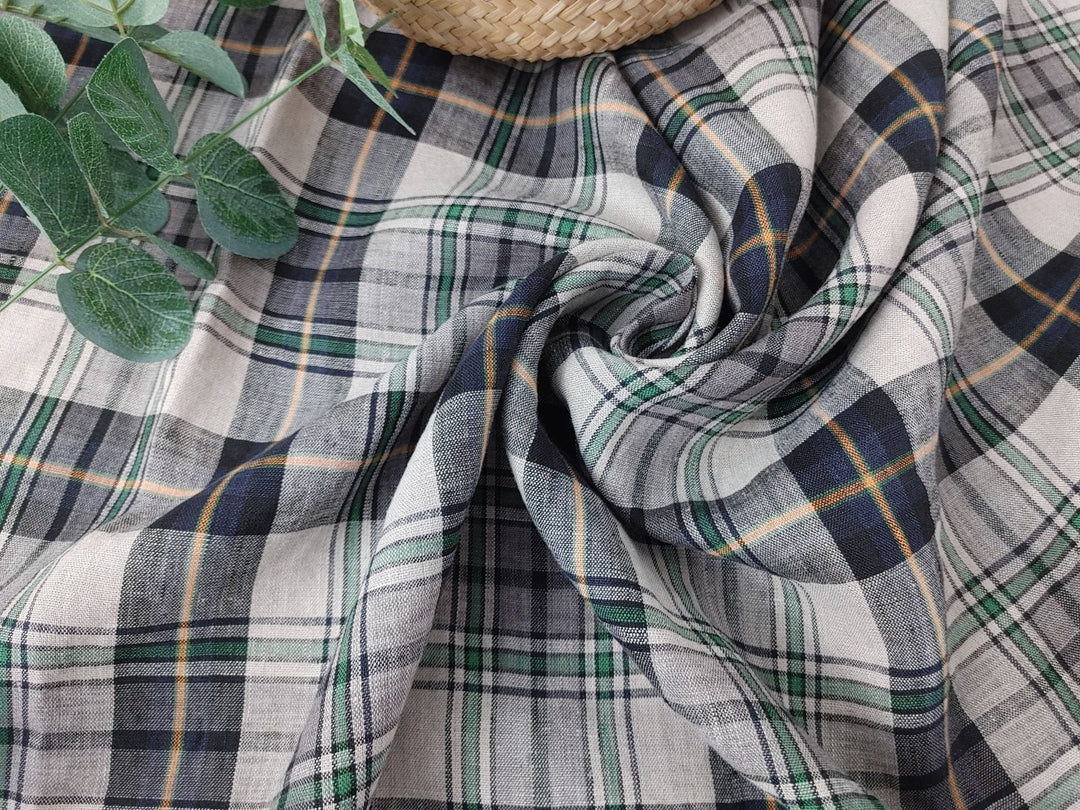 100% Linen Fabric in Medium Weight with Classic Plaid Design 7155 - The Linen Lab - Beige