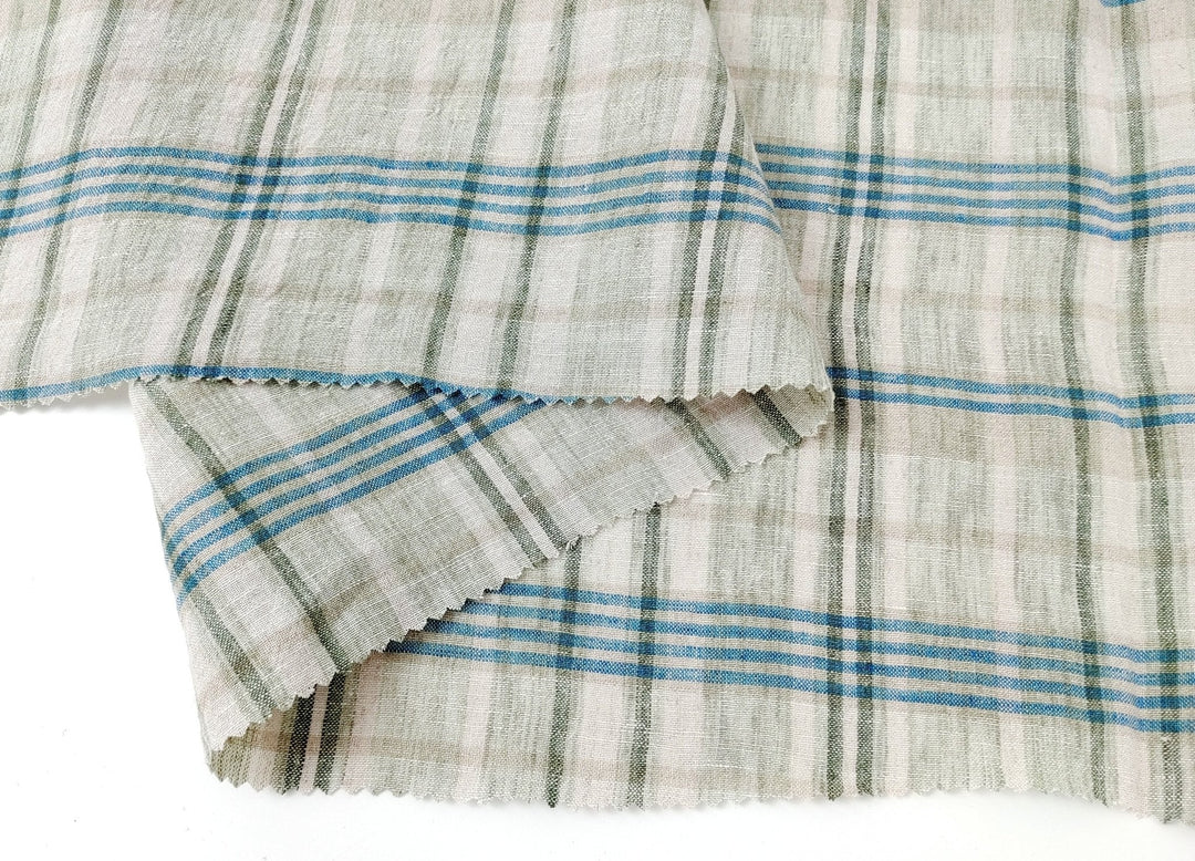 100% Linen Fabric Madras Plaid Light Weight (7022 7023 7024 6709 6710 6711) - The Linen Lab - Blue