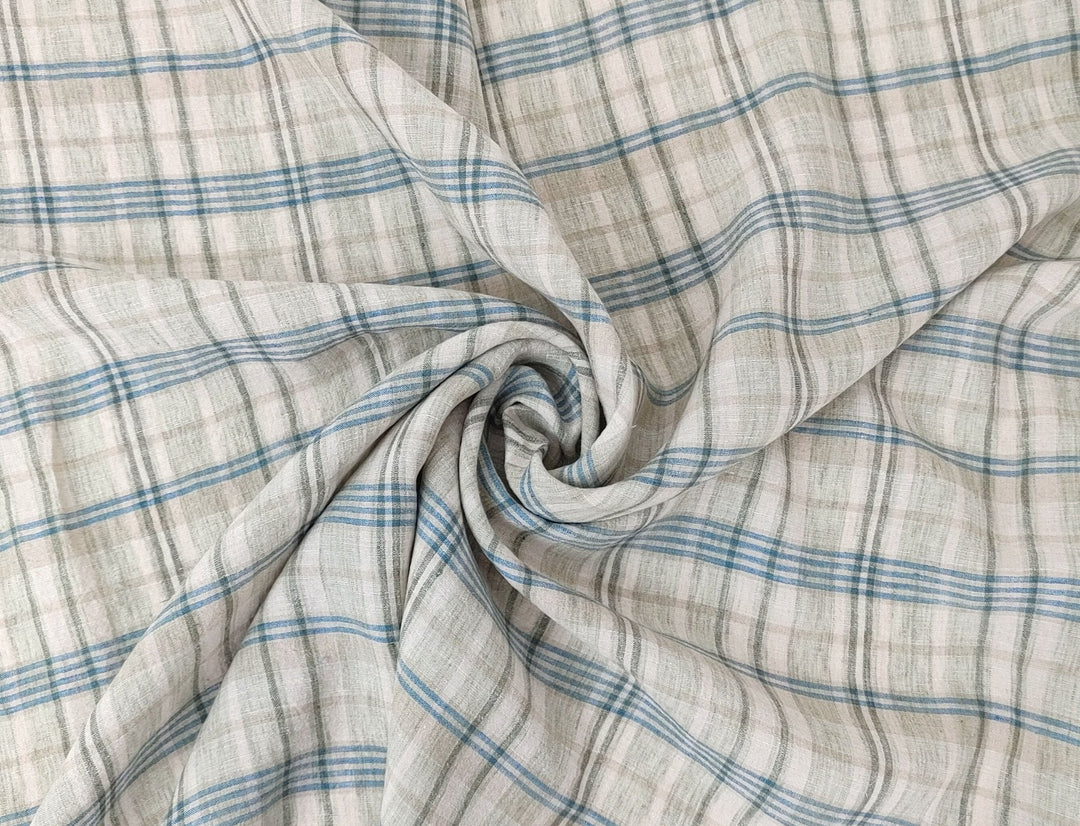 100% Linen Fabric Madras Plaid Light Weight (7022 7023 7024 6709 6710 6711) - The Linen Lab - Greenish Blue