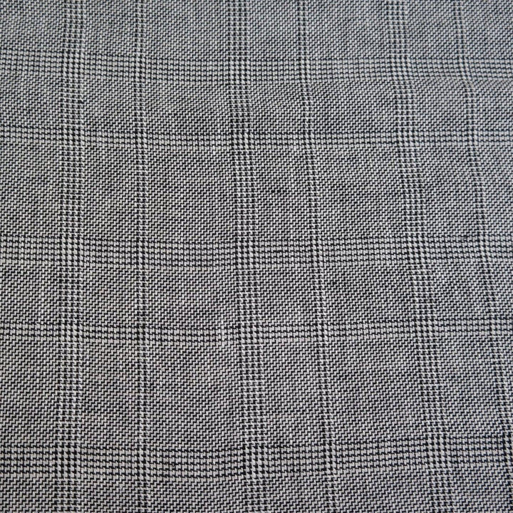 100% Linen Fabric Natural Black Windowpane Plaid Twill Medium Weight - The Linen Lab - Grey