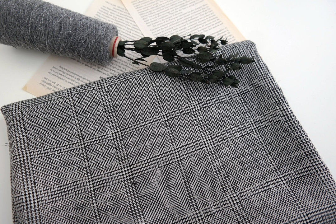 100% Linen Fabric Natural Black Windowpane Plaid Twill Medium Weight - The Linen Lab - Grey