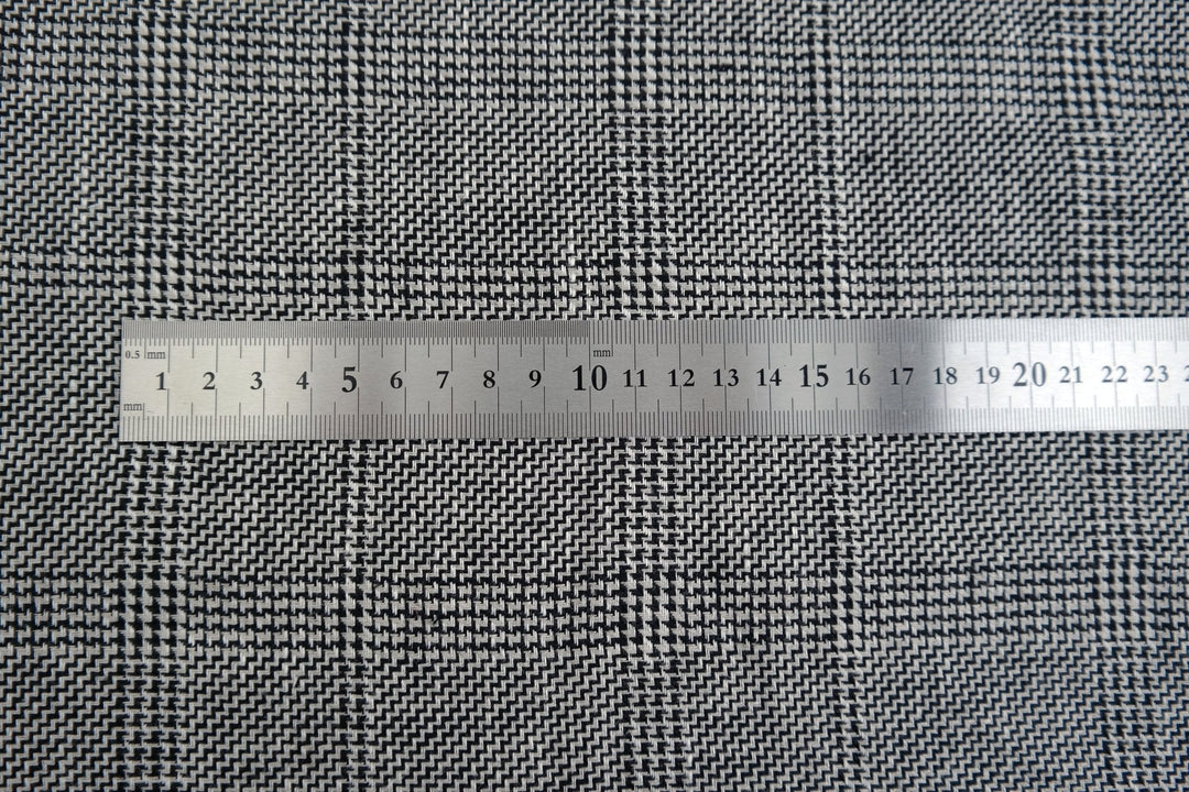 100% Linen Fabric Natural Black Windowpane Plaid Twill Medium Weight - The Linen Lab - Grey