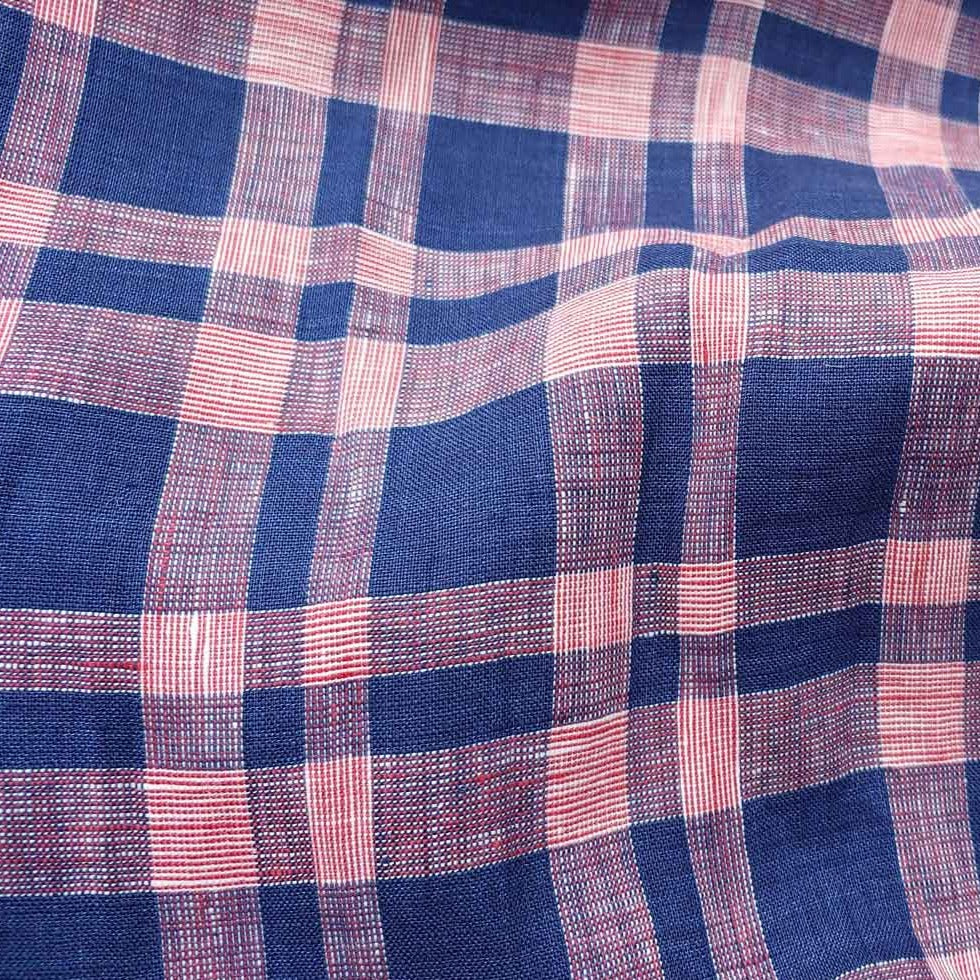 100% Linen Fabric Navy Red Plaid (6275) - The Linen Lab - Navy & Red