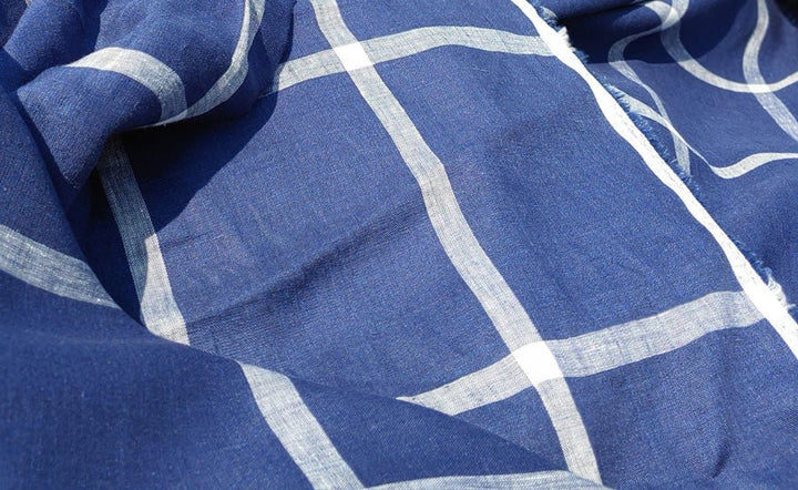 100% Linen Fabric with Navy Windowpane Check Light Weight 6611 - The Linen Lab - Navy check 6611