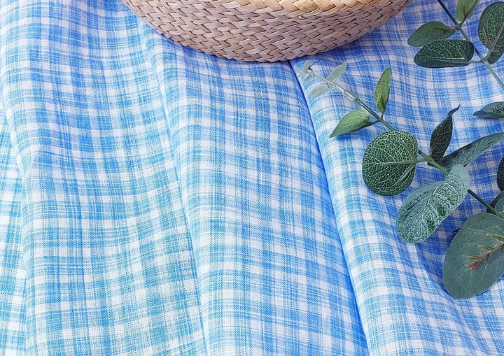 100% Linen Gingham Check Fabric in Space-Dyed Blue Yarn 7297 - The Linen Lab - Blue