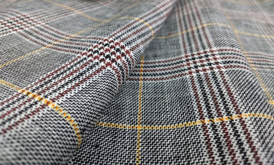 100% Linen Glen Plaid with Yellow Windowpane – White, Black, and Brown Harmony 6715 - The Linen Lab - Yellow