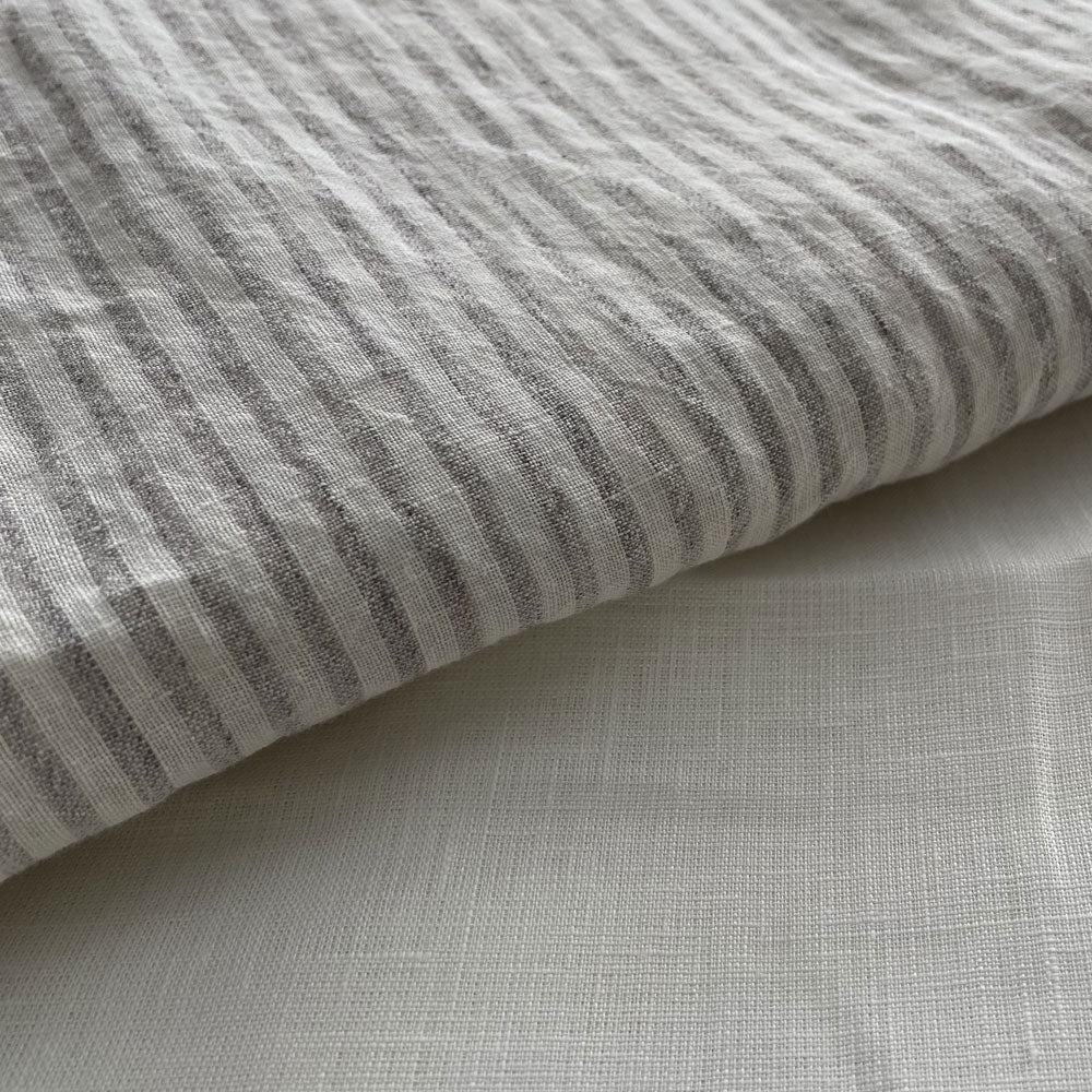 100% Linen Grey Melange Stripe Fabric 21s 60lea (6548) - The Linen Lab - Light Grey
