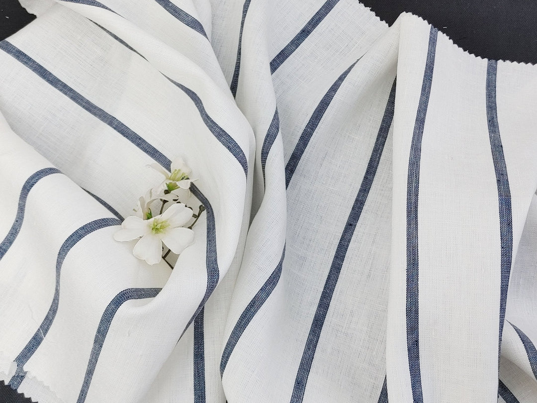 100% Linen HBT Fabric with White Base and Navy Stripe Pattern 4860 - The Linen Lab - Navy