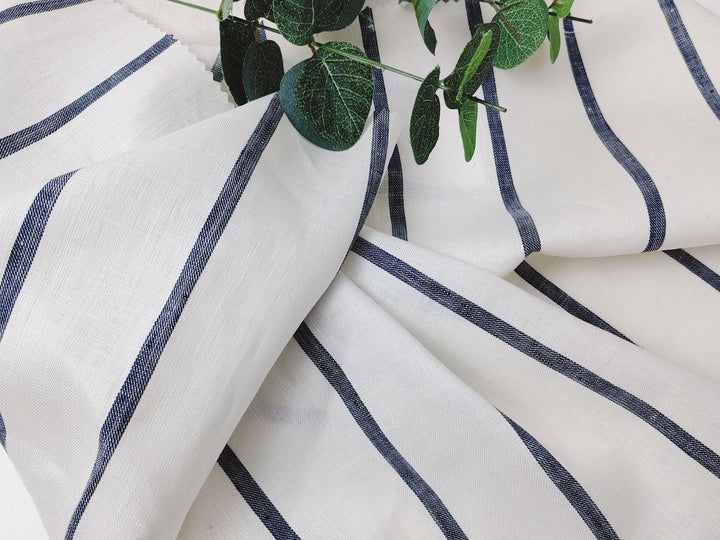 100% Linen HBT Fabric with White Base and Navy Stripe Pattern 4860 - The Linen Lab - Navy