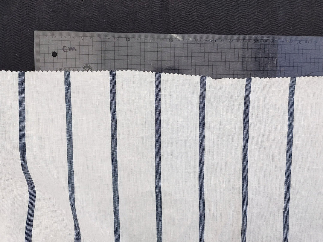 100% Linen HBT Fabric with White Base and Navy Stripe Pattern 4860 - The Linen Lab - Navy