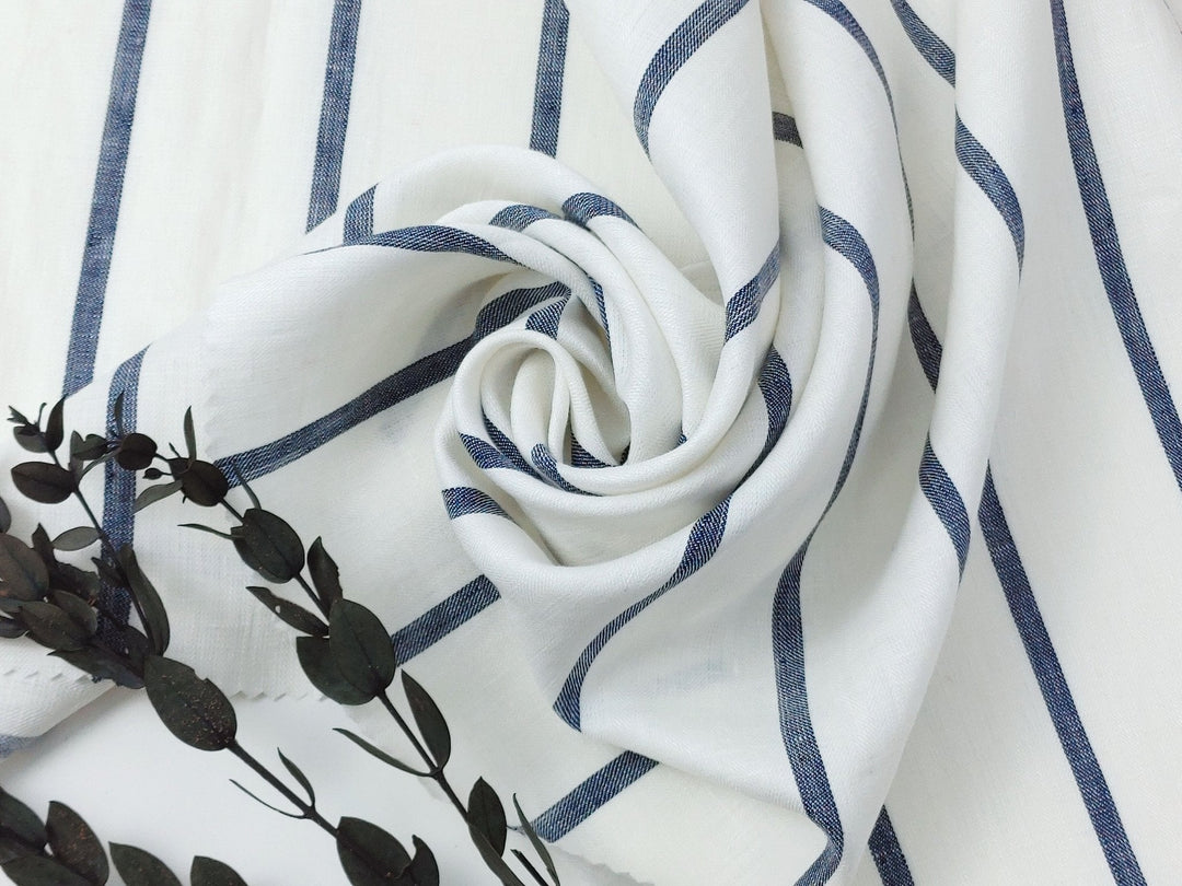 100% Linen HBT Fabric with White Base and Navy Stripe Pattern 4860 - The Linen Lab - Navy