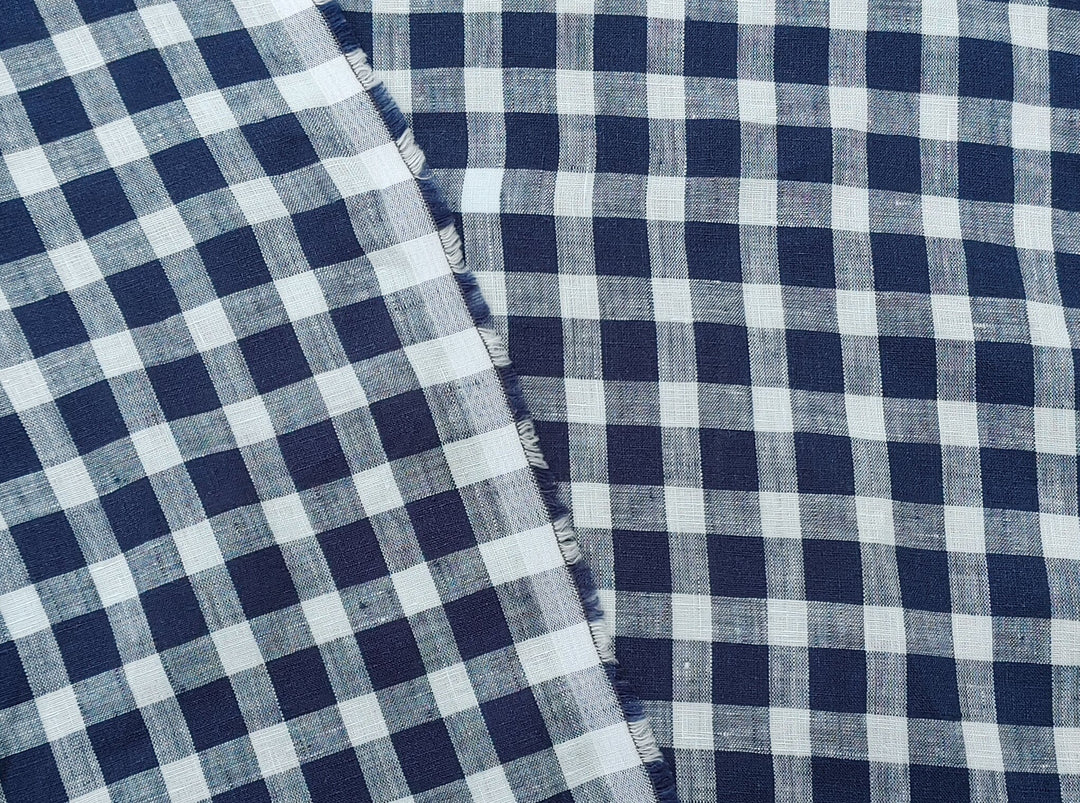 100% Linen Navy Modified Gingham Check Fabric – Lightweight and Timelessly Chic 4407 - The Linen Lab - Navy