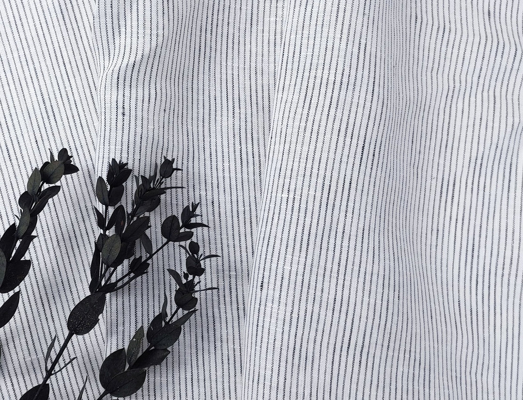 100% Linen Navy Striped White Fabric – Light and Timeless 7853 - The Linen Lab - Navy