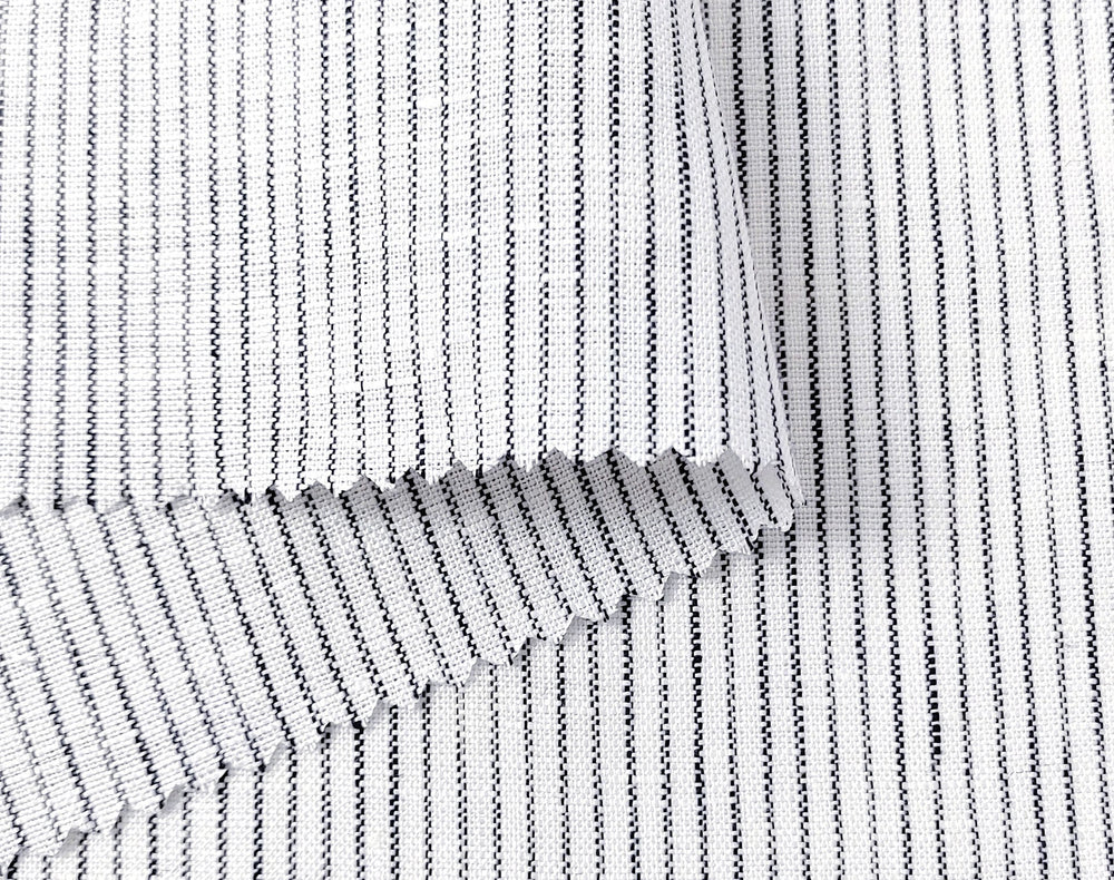 100% Linen Navy Striped White Fabric – Light and Timeless 7853 - The Linen Lab - Navy