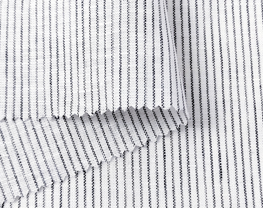 100% Linen Navy Striped White Fabric – Light and Timeless 7853 - The Linen Lab - Navy
