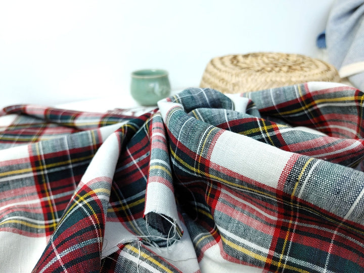 100% Linen Red Black Plaid Fabric Medium Weight 7758 - The Linen Lab - Red