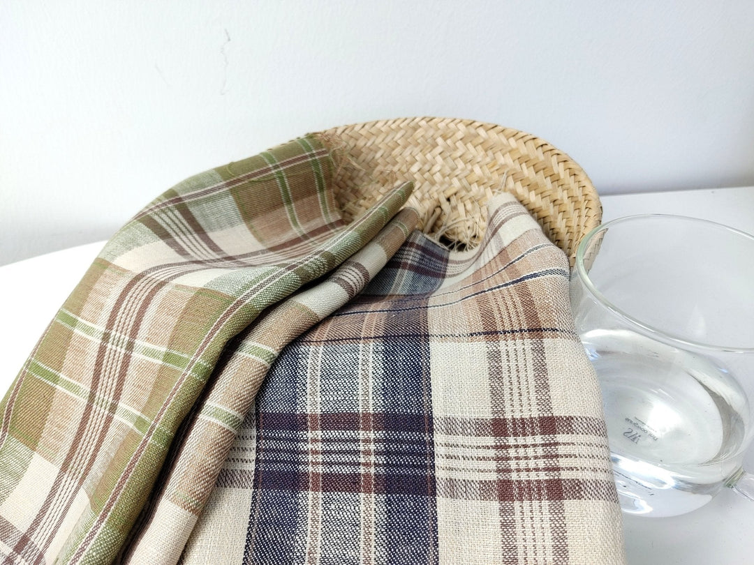 100% Linen Twill Plaid Fabric Medium Weight 7759 7760 - The Linen Lab - Green