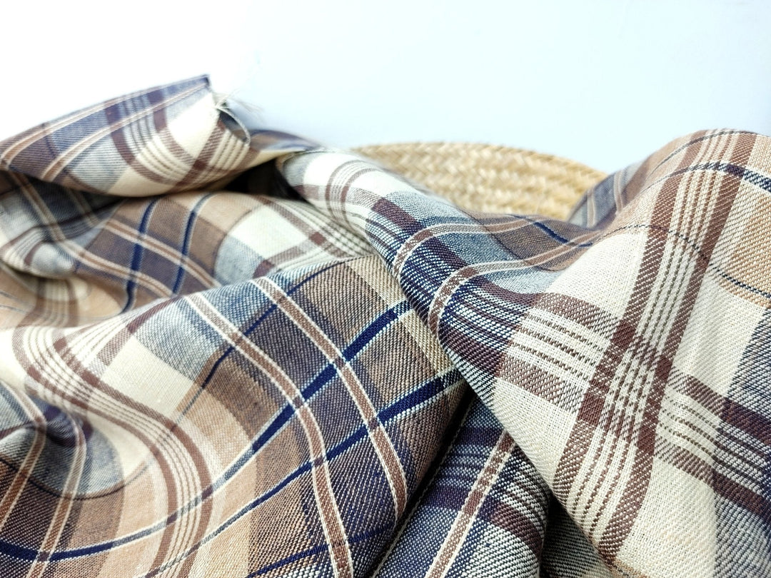100% Linen Twill Plaid Fabric Medium Weight 7759 7760 - The Linen Lab - Navy