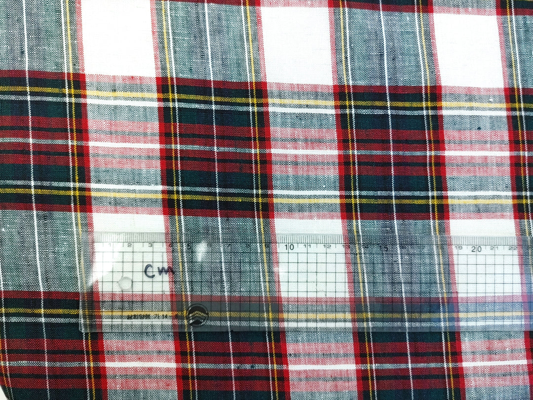 100% Linen Red Black Plaid Fabric Medium Weight 7758