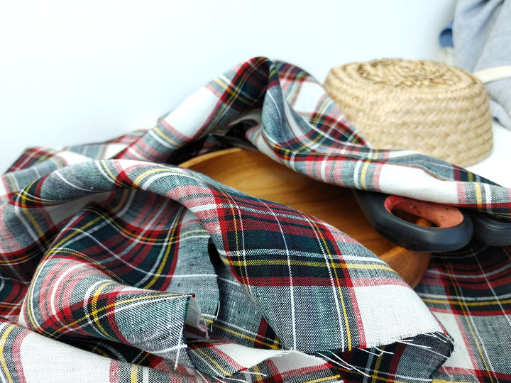 100% Linen Red Black Plaid Fabric Medium Weight 7758