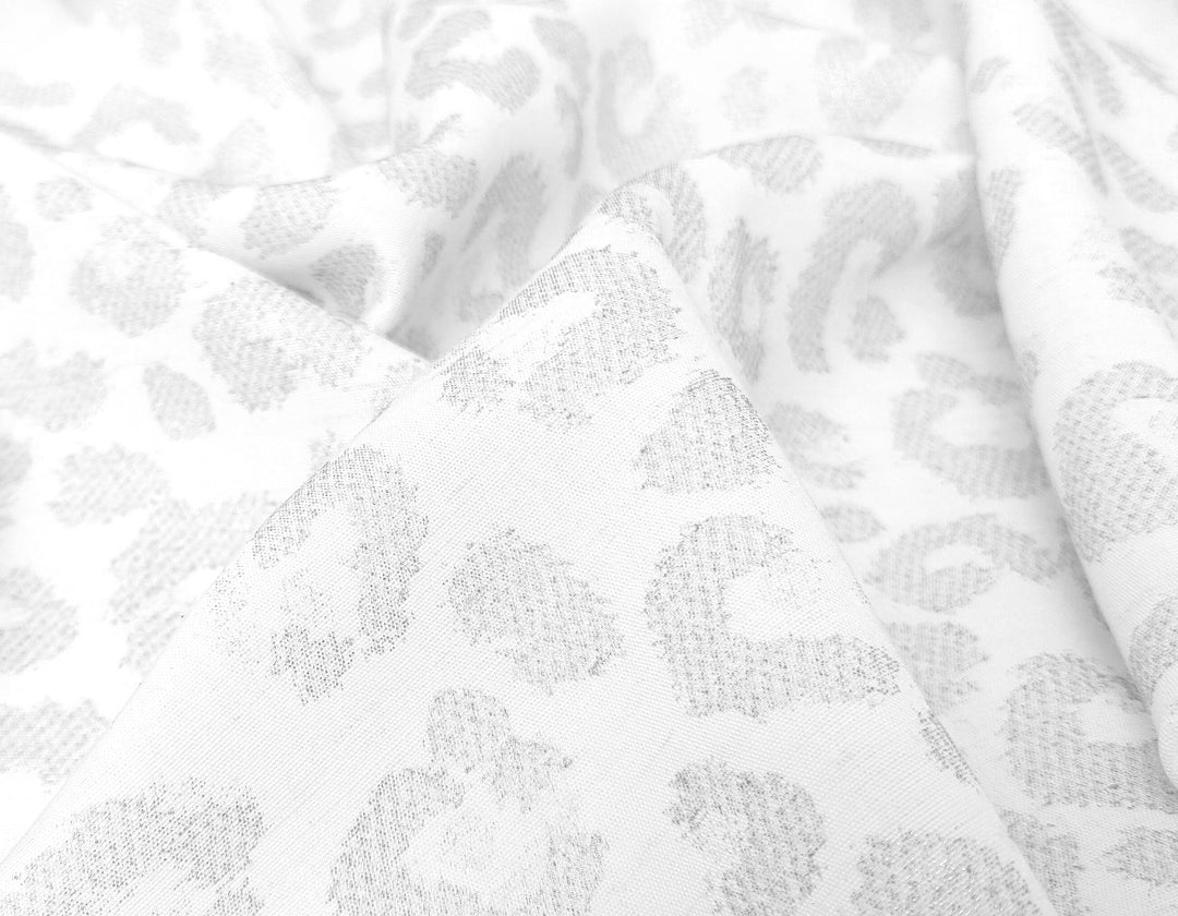Silver Leopard: White Linen Rayon Fabric with Silver Foil Print 3668 2926
