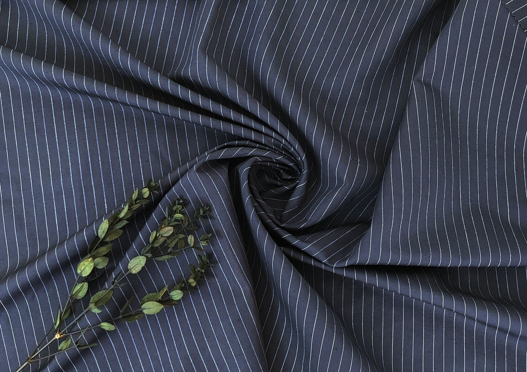 Navy Linen-Cotton Fabric with White Pin stripes 7955