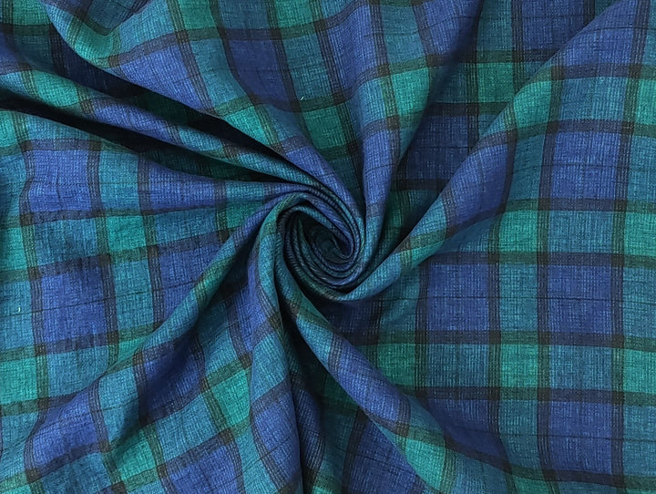Unique Double-Face Linen-Cotton Fabric – Green Plaid with Light Green Reverse 7558