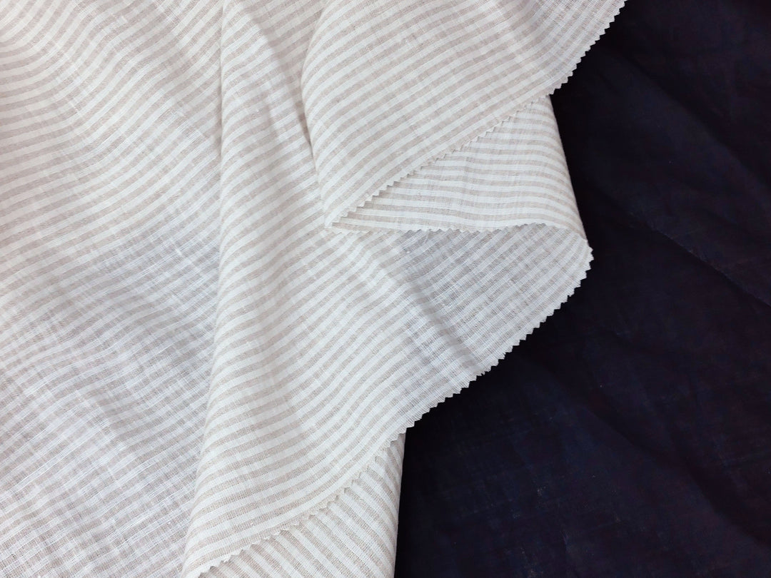 100% Linen Fabric with Light Beige Horizontal Stripes 7883