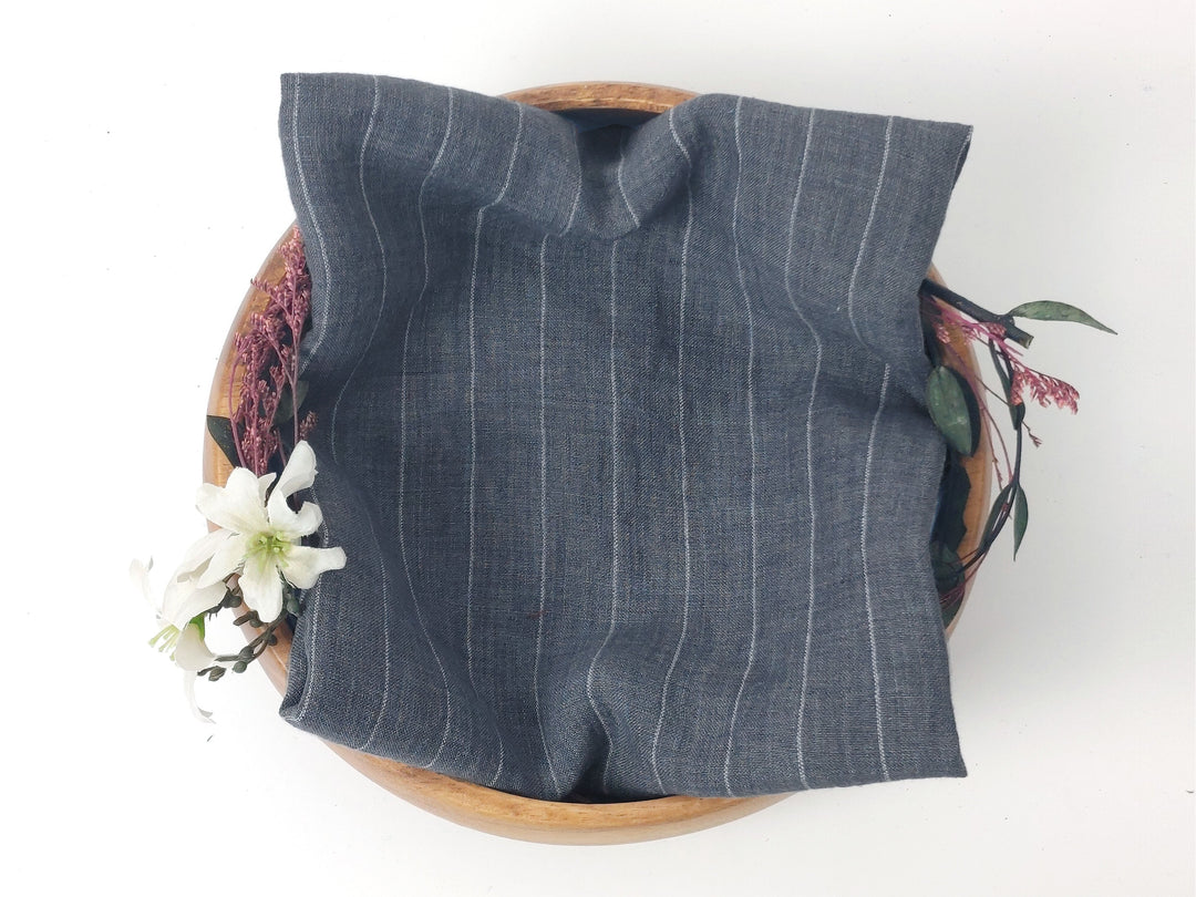 Crisp & Cool 100% Linen Fabric: Pre-Washed Grey with Fine White Pinstripes 8048