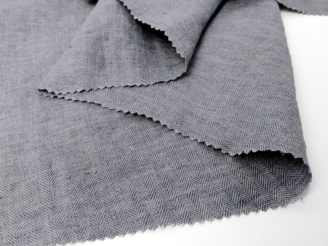 100% Linen Grey Chambray Herringbone Twill Fabric – Soft, Medium Weight 7976