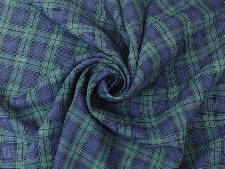 100% Linen Fabric – Modern Tartan Plaid in Navy & Green | Soft & Pre-Washed 7274