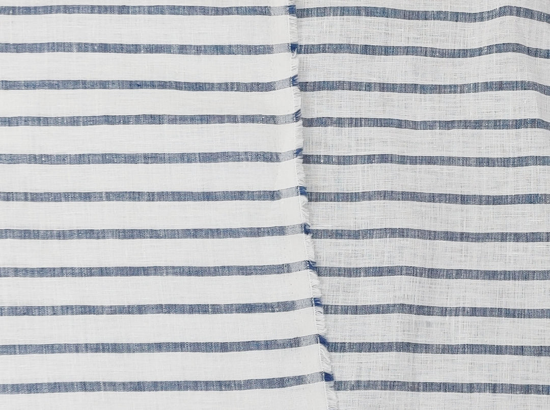 100% Linen Fabric – White Base with Horizontal Navy Stripes, Lightweight & Soft 4597