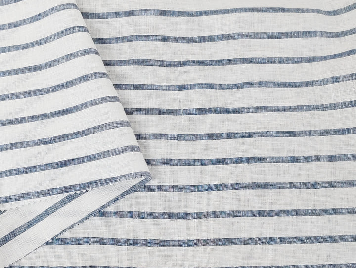 100% Linen Fabric – White Base with Horizontal Navy Stripes, Lightweight & Soft 4597