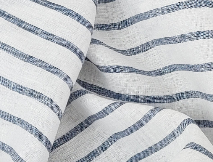 100% Linen Fabric – White Base with Horizontal Navy Stripes, Lightweight & Soft 4597