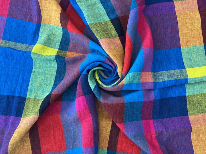 Colorful Madras Check 100% Linen Fabric | Pre-Washed Soft Touch | 8017