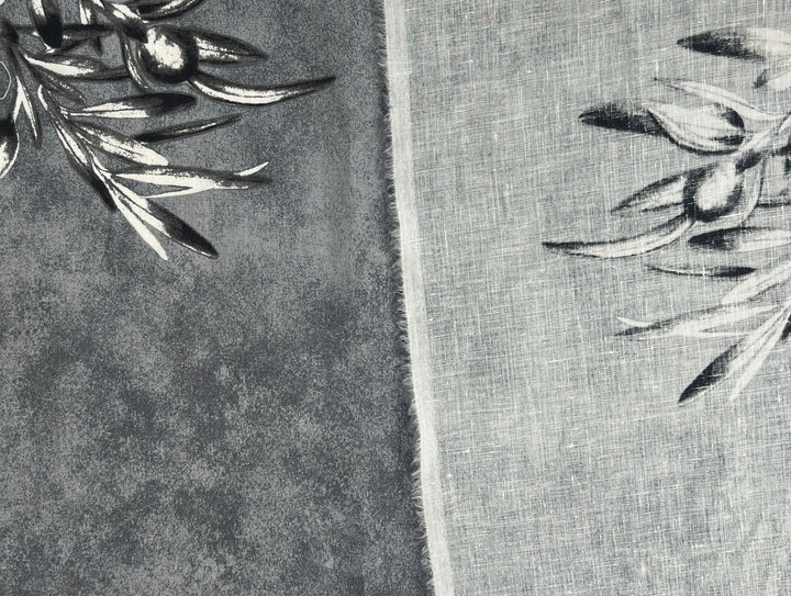 100% Linen Printed Fabric – Grey with Large Olive Branch Pattern (46×32 inch Panel) 6931