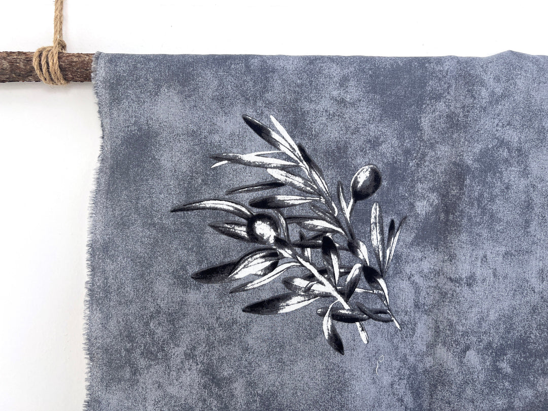 100% Linen Printed Fabric – Grey with Large Olive Branch Pattern (46×32 inch Panel) 6931