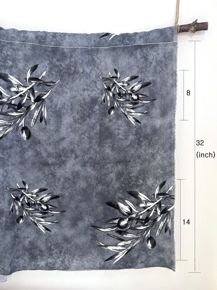 100% Linen Printed Fabric – Grey with Large Olive Branch Pattern (46×32 inch Panel) 6931