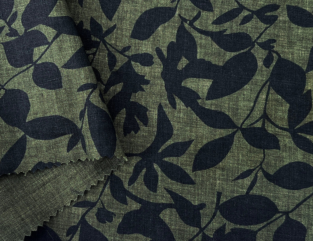 100% Linen Fabric – Lightweight Delavé Leaf Print, Soft Handfeel  7343 8189 8190
