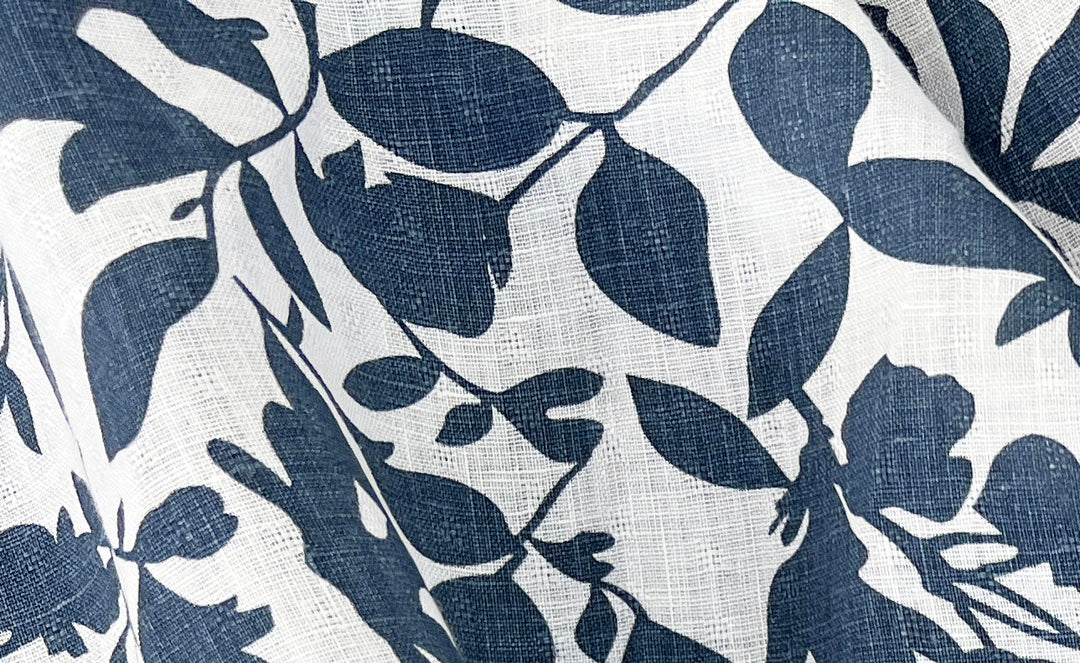 Navy Botanical Leaf Print on White Dobby Linen – 100% Linen, Lightweight 8191