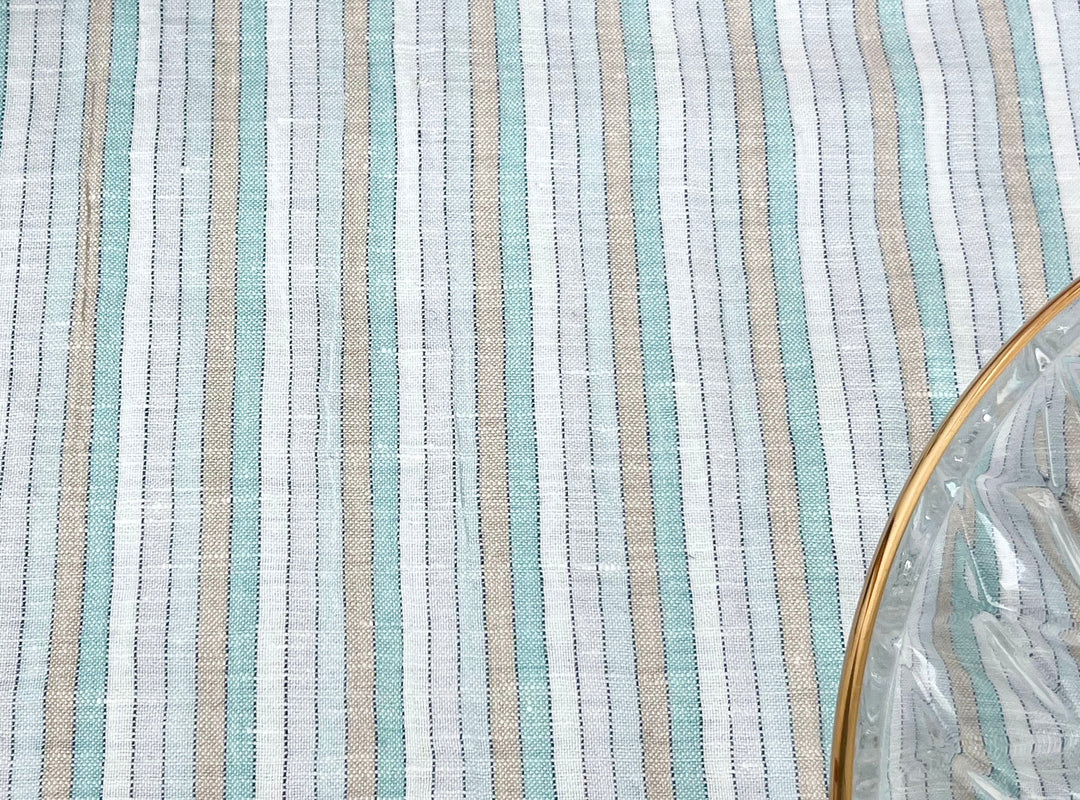 Light Linen Cotton Blend Fabric with Aqua & Beige Stripes 473