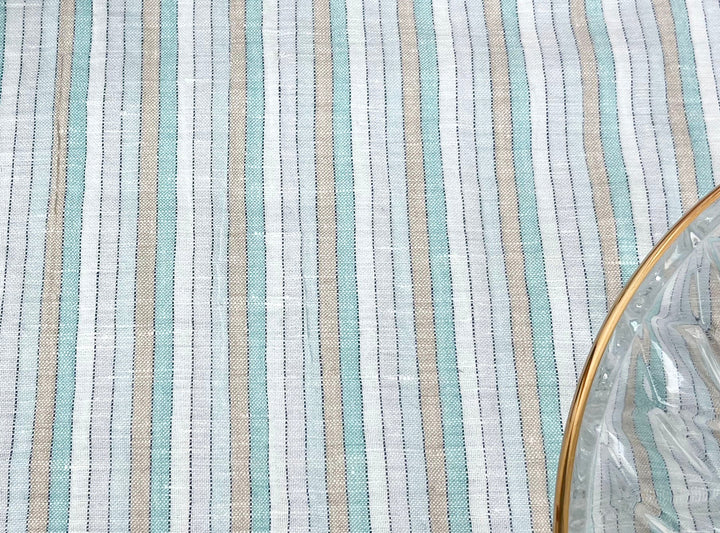 Light Linen Cotton Blend Fabric with Aqua & Beige Stripes 473