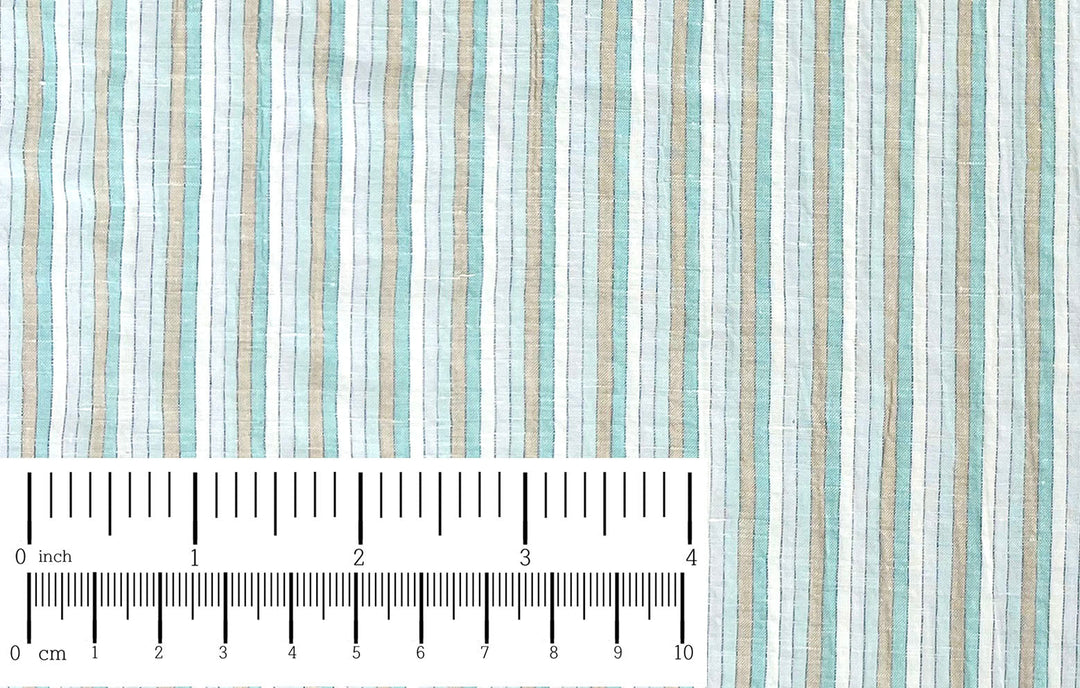 Light Linen Cotton Blend Fabric with Aqua & Beige Stripes 473