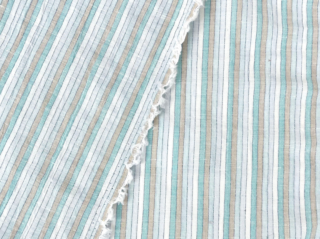 Light Linen Cotton Blend Fabric with Aqua & Beige Stripes 473