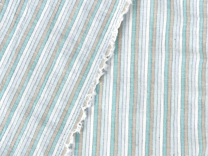 Light Linen Cotton Blend Fabric with Aqua & Beige Stripes 473