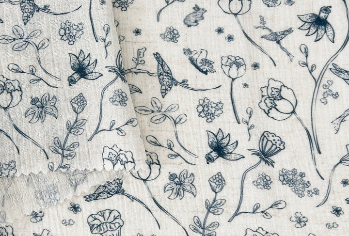 Birds of a Feather, Linen Rayon Print Fabric, Design by Madeline, Madswick Studio, 8222 8223 8224 8225