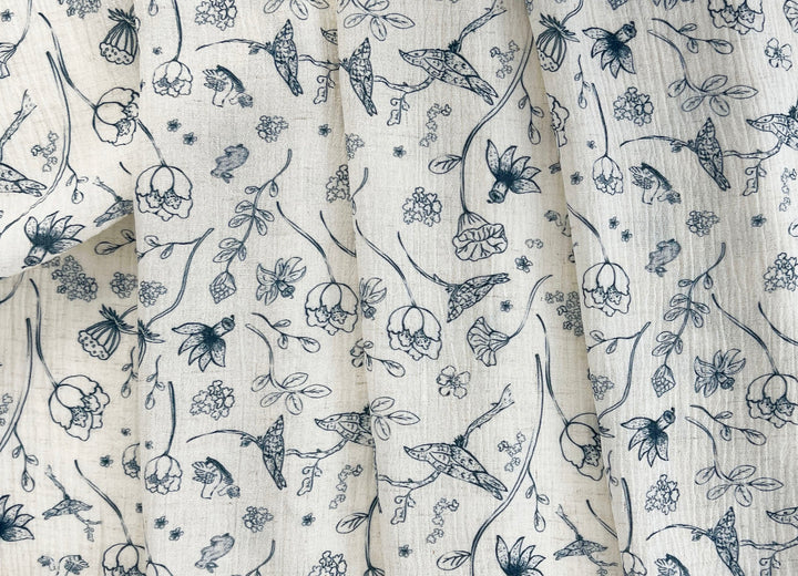 Birds of a Feather, Linen Rayon Print Fabric, Design by Madeline, Madswick Studio, 8222 8223 8224 8225