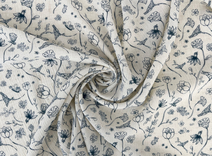 Birds of a Feather, Linen Rayon Print Fabric, Design by Madeline, Madswick Studio, 8222 8223 8224 8225