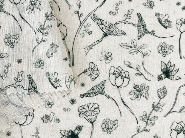 Birds of a Feather, Linen Rayon Print Fabric, Design by Madeline, Madswick Studio, 8222 8223 8224 8225
